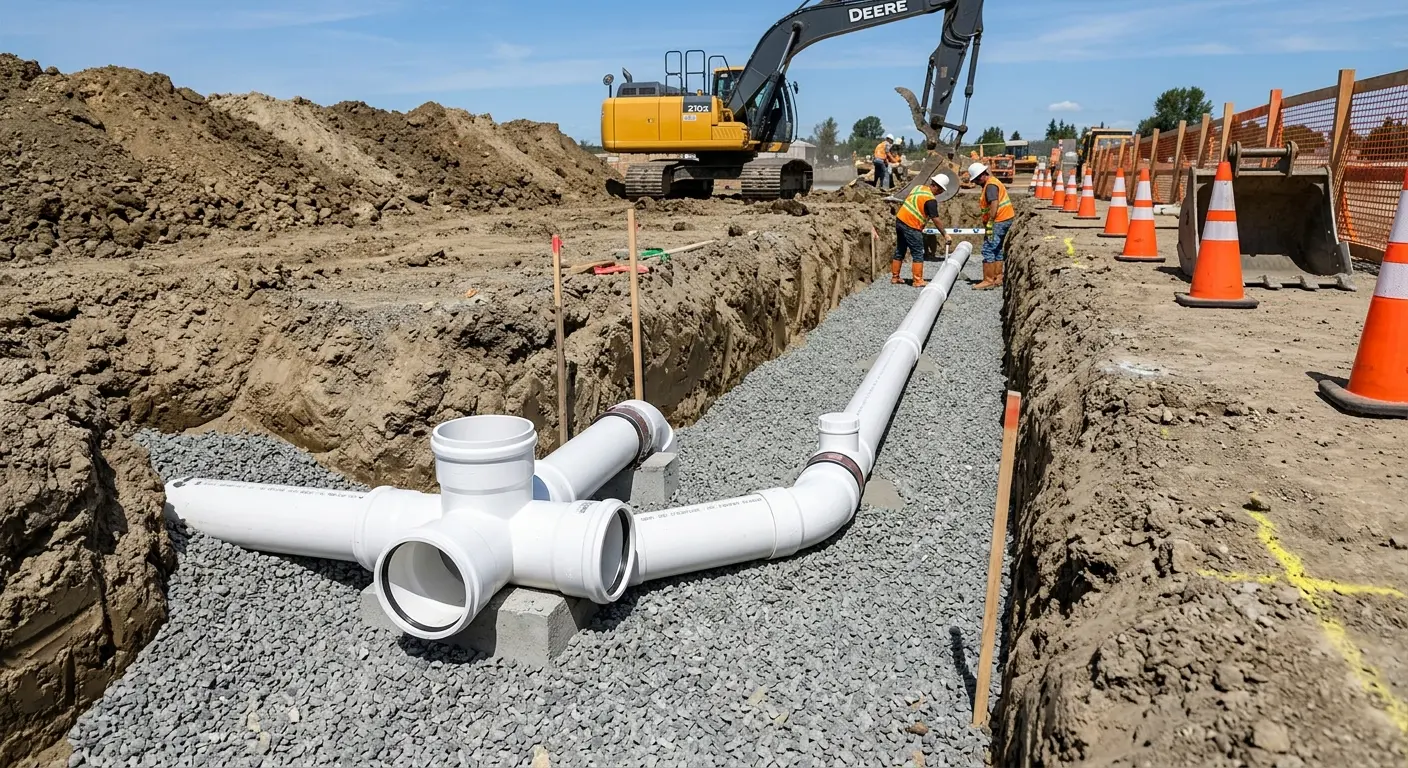 New PVC sewer pipe installation in open trench for Sewer Backup in Townsend