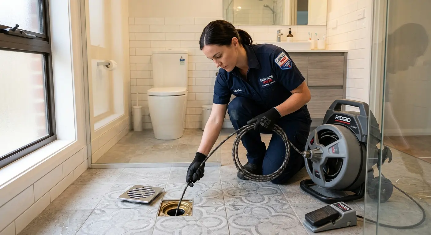 Technician clearing a bathroom floor drain for Hydro Jetting in Townsend